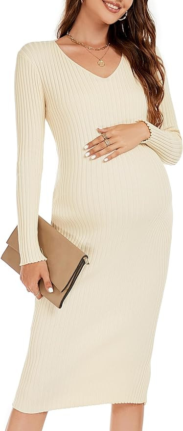 Maternity Dress Long Sleeve V Neck Knit Stretchable Sweater Dresses Pregnancy Clothes for Photosh... | Amazon (US)