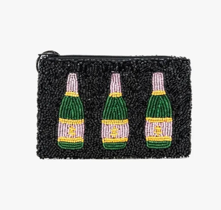 Cheers Dears Black Champagne Bottle Hand Beaded Zip Pouch | Sorelle Gifts