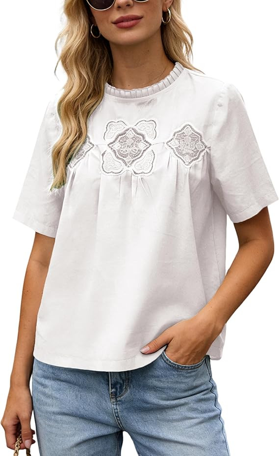 Women's Cotton Lace Flared Blouse Short Sleeve Crew Neck Babydoll Top Mesh Swing Tshirts with Del... | Amazon (US)