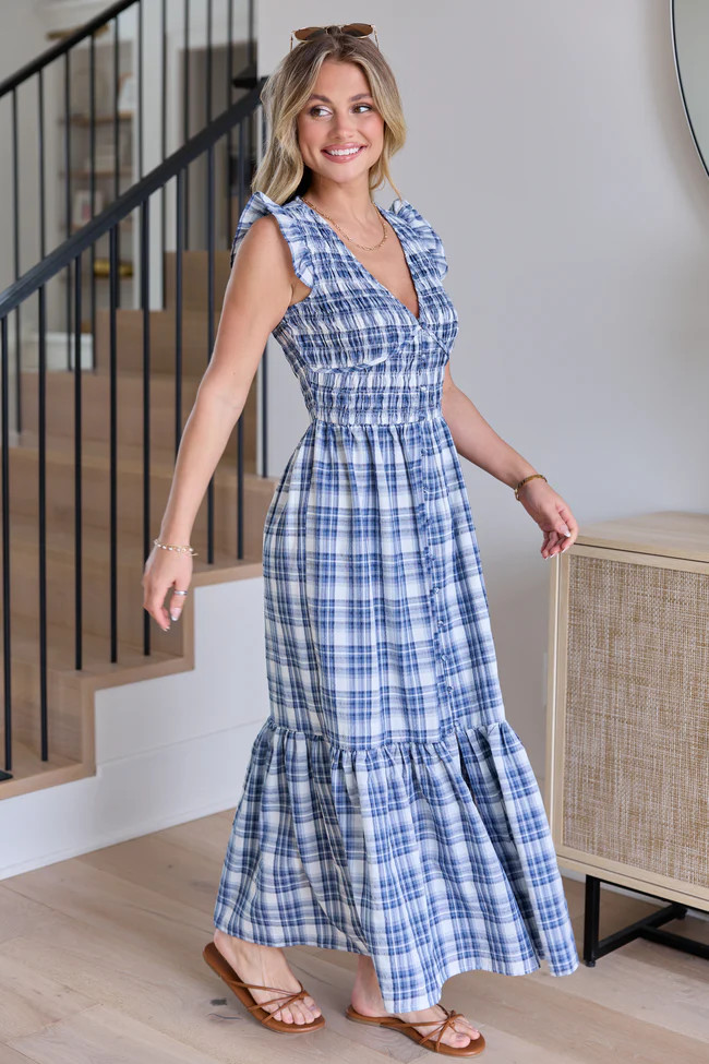 Ruth Blue Plaid Maxi Dress | Pink Lily