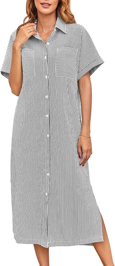 Fisoew Womens Casual Button Down Shirt Dress Striped Short Sleeve Midi Dresses with Belt | Amazon (US)