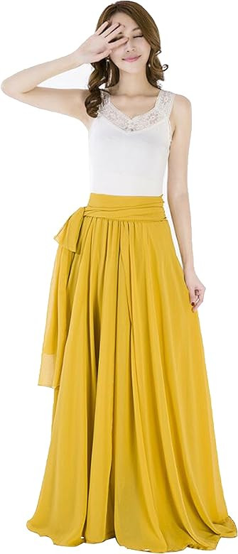 Summer Chiffon High Waist Pleated Big Hem Floor/Ankle Length Beach Maxi Skirt for Women Wedding P... | Amazon (US)