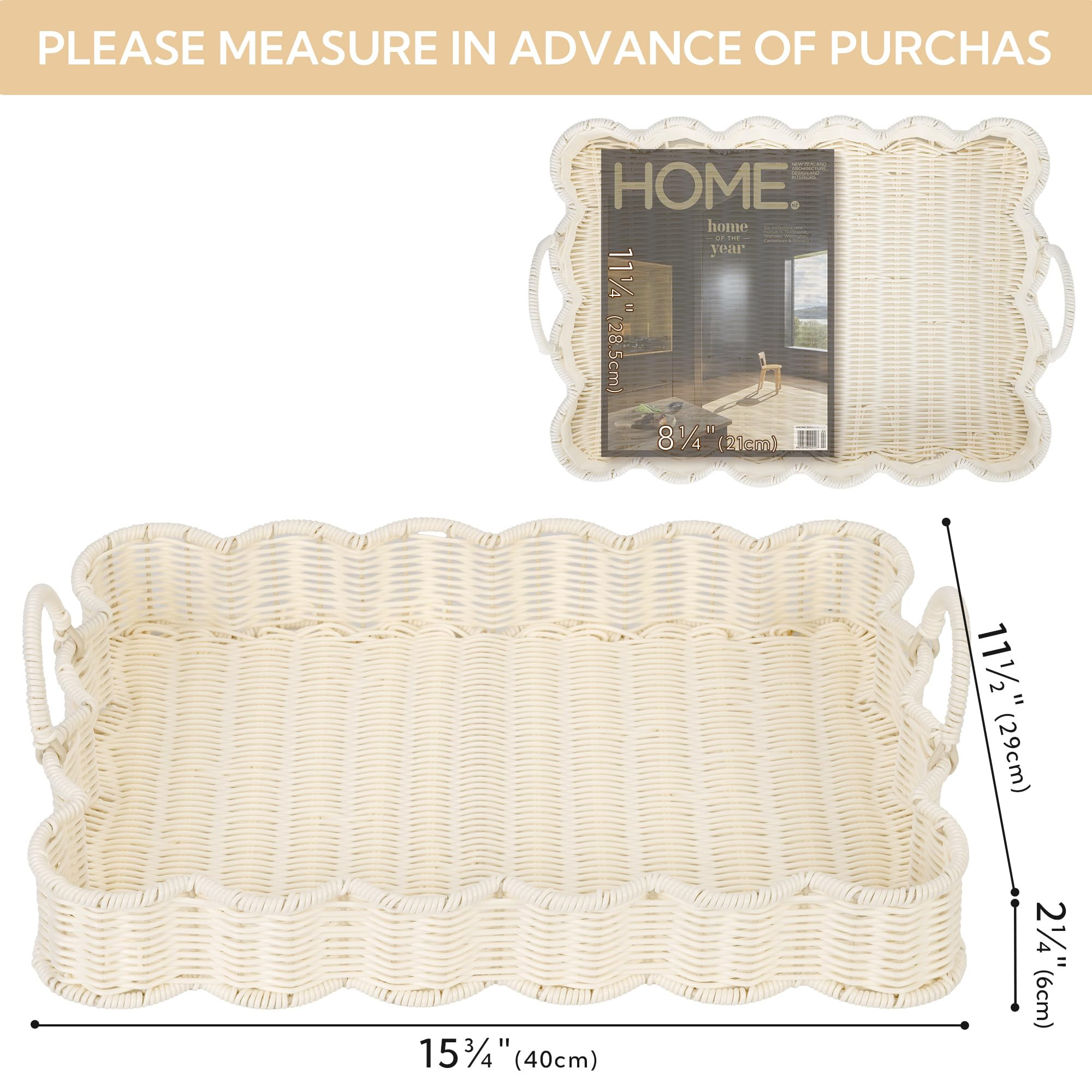 GRANNY SAYS Scalloped Edge Rectangle Serving Tray, Coffee Table Tray, Wicker Serving Trays with Handles, Decorative Tray for Coffee Table, Woven Tray, 15 ¾"×11 ½"×2 ¼", White | Amazon (US)