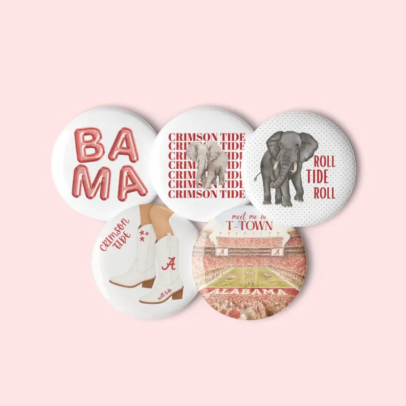 Set of 5 Girly Alabama Game Day Pins \u2013 Crimson Tide Buttons, Bama College Accessories, Roll ... | Etsy (Global)