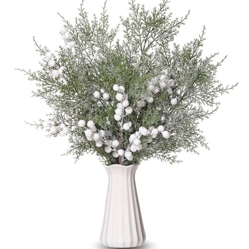 Yuxung 16 Pcs Christmas Tree Branches Filler Artificial Pine Branches with Berry Stems Christmas Tree Picks Greenery Sprays Berry and Cedar Picks for Vase Fillers Table Decor(Snow Cover,White) | Amazon (US)