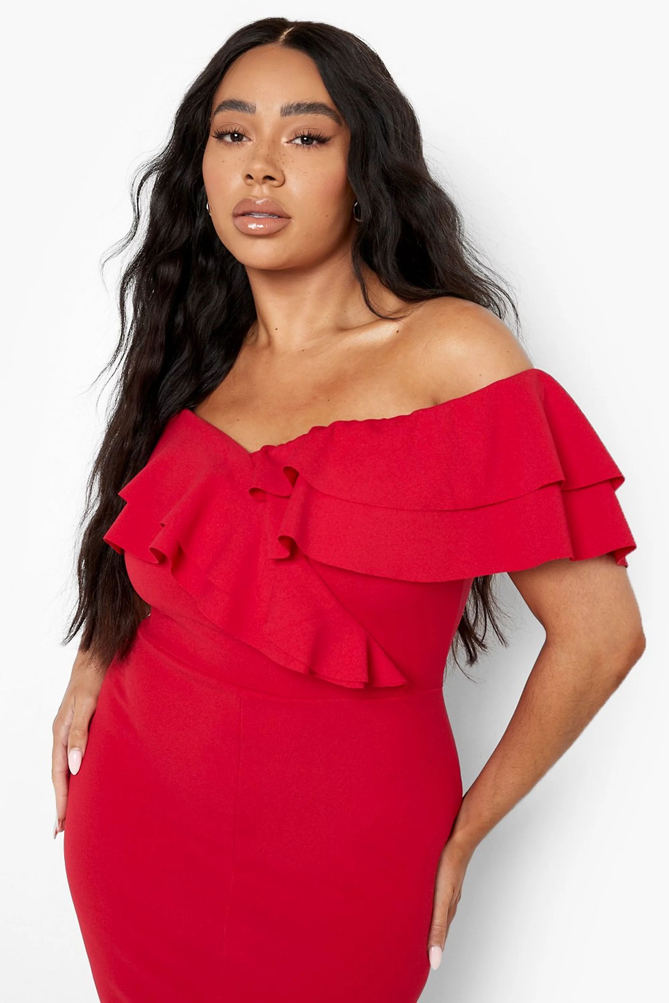 Plus Ruffle Off Shoulder Split Midi Dress | Boohoo.com (US & CA)