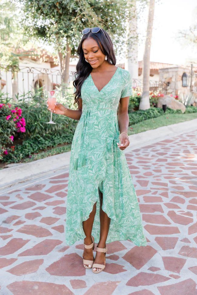 Remember The Night Leaf Print Wrap Green Dress FINAL SALE | The Pink Lily Boutique