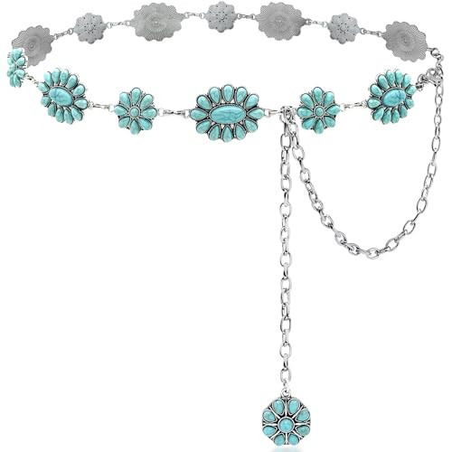 Xiokyo Turquoise Belt Silver Western Chain Belt Cowgirl Concho Belts for Women Dresses and Jeans | Amazon (US)