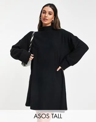ASOS DESIGN Tall super soft turned cuff roll neck mini sweater dress in black | ASOS (Global)