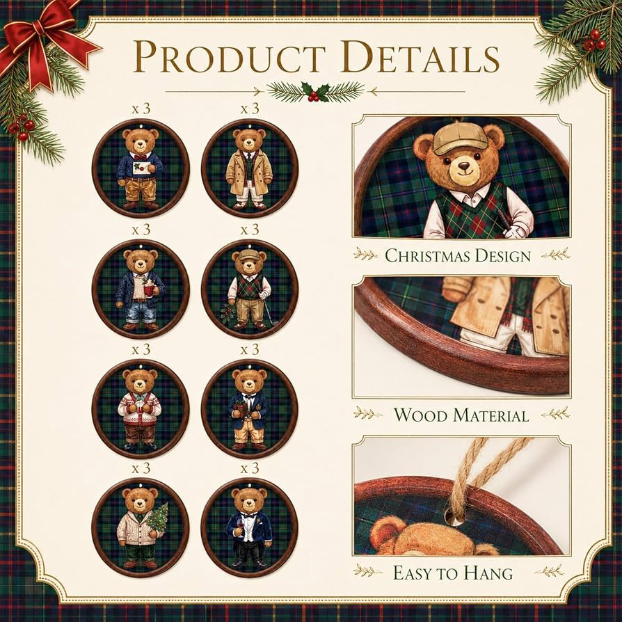 Kajaia 24 Pcs Christmas Bear Ornaments, Vintage Tartan Plaid Decor, Green | Amazon (US)