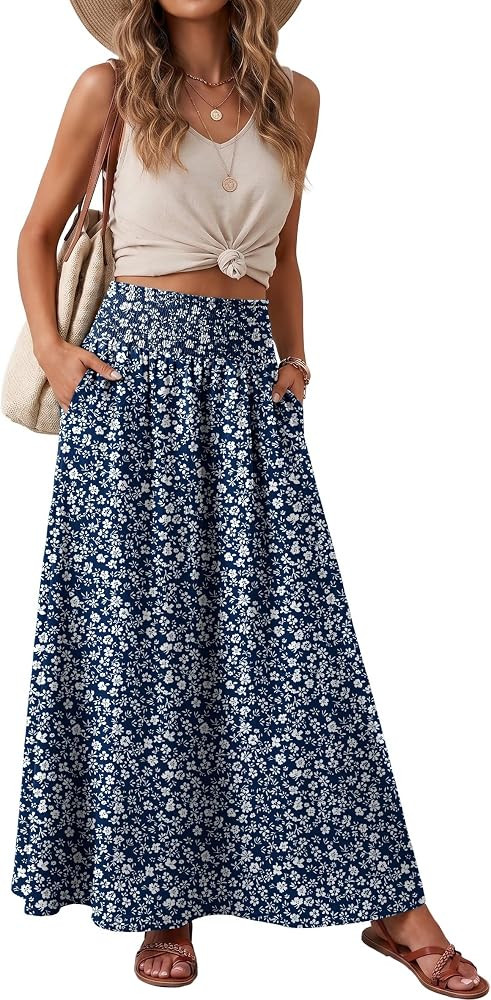 Lepunuo Maxi Skirts for Women Smocked Elastic High Waisted Casual Boho Swing Pleated Beach Long S... | Amazon (US)