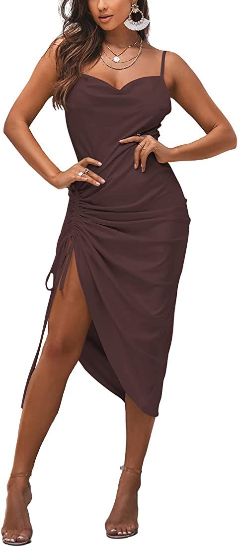 LYANER Women's Satin Spaghetti Straps Cowl Neck Sexy Ruch Cocktail Midi Dresses | Amazon (US)