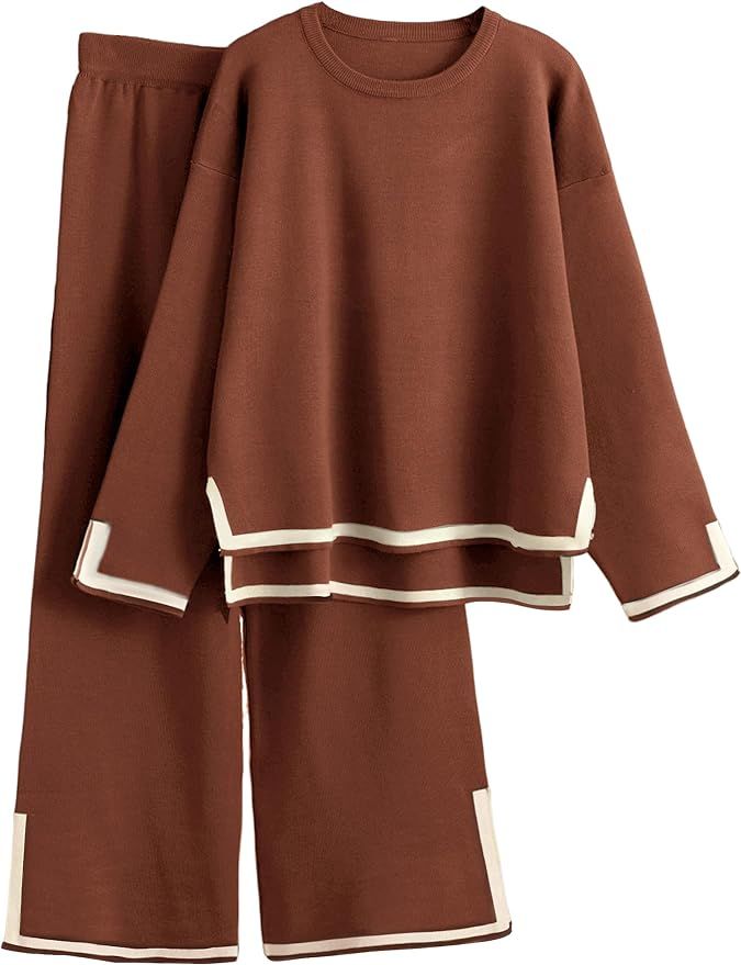 IMCTAH Women's 2 Piece Outfit Lounge Sets Long Sleeve Knit Sweater Top Wide Leg Pants Sweatsuits | Amazon (US)