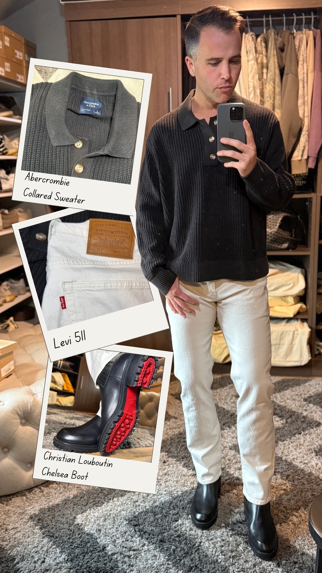 Christmas Eve Winter outfit: This Abercrombie 3 button collared sweater has become one of my favorite sweaters to wear, the fit is perfect. Levi’s 511 slim jeans in a winter white, and my touch of color comes on the bottom of the Christian Louboutin Chelsea boots. This is the perfect neutral outfit for church, date night, or an everyday style. #LTKHoliday 

#LTKootd #LTKMens