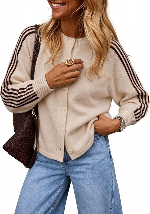 AMEBELLE Women Striped Cardigan Oversized Button Up Raglan Sleeve Knit Tops | Amazon (US)