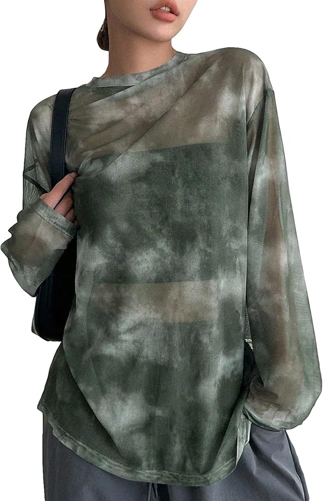 Verdusa Women's Y2k Tie Dye Sheer Mesh Top Long Sleeve Oversized Rave Streetwear Tops Whimsical C... | Amazon (US)