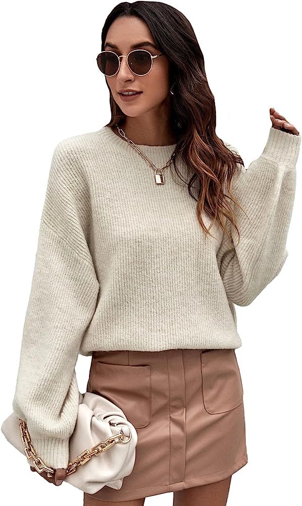 MakeMeChic Women's Ribbed Knit Long Sleeve Round Neck Pullovers Sweater | Amazon (US)