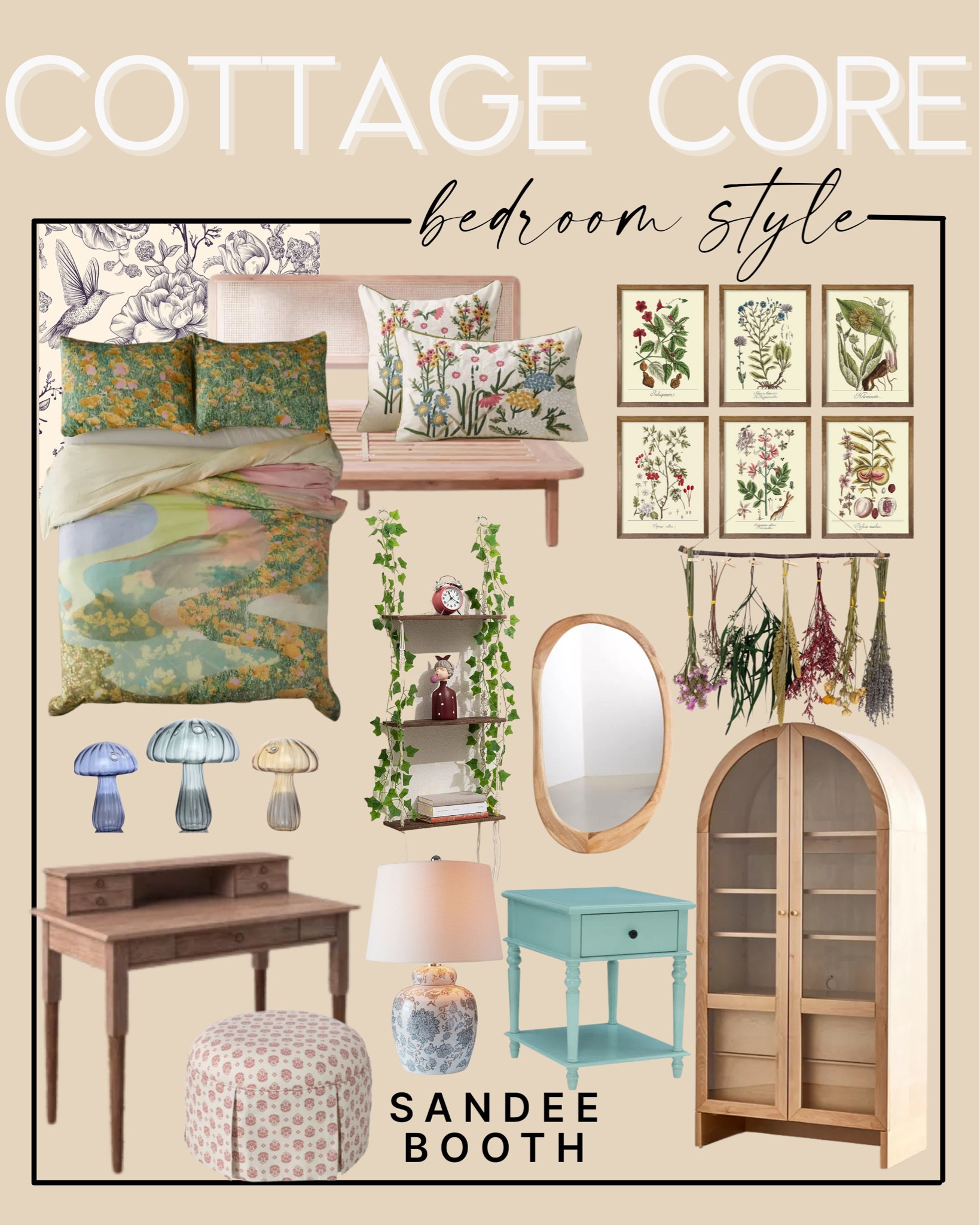 cottage core inspo / cottage core bedroom style / cottage core bedroom essentials: comforter set / walls decor / bedroom furniture/ desk / ottoman / side table / dried plants / wall paper 

#LTKhome #LTKFind #LTKstyletip