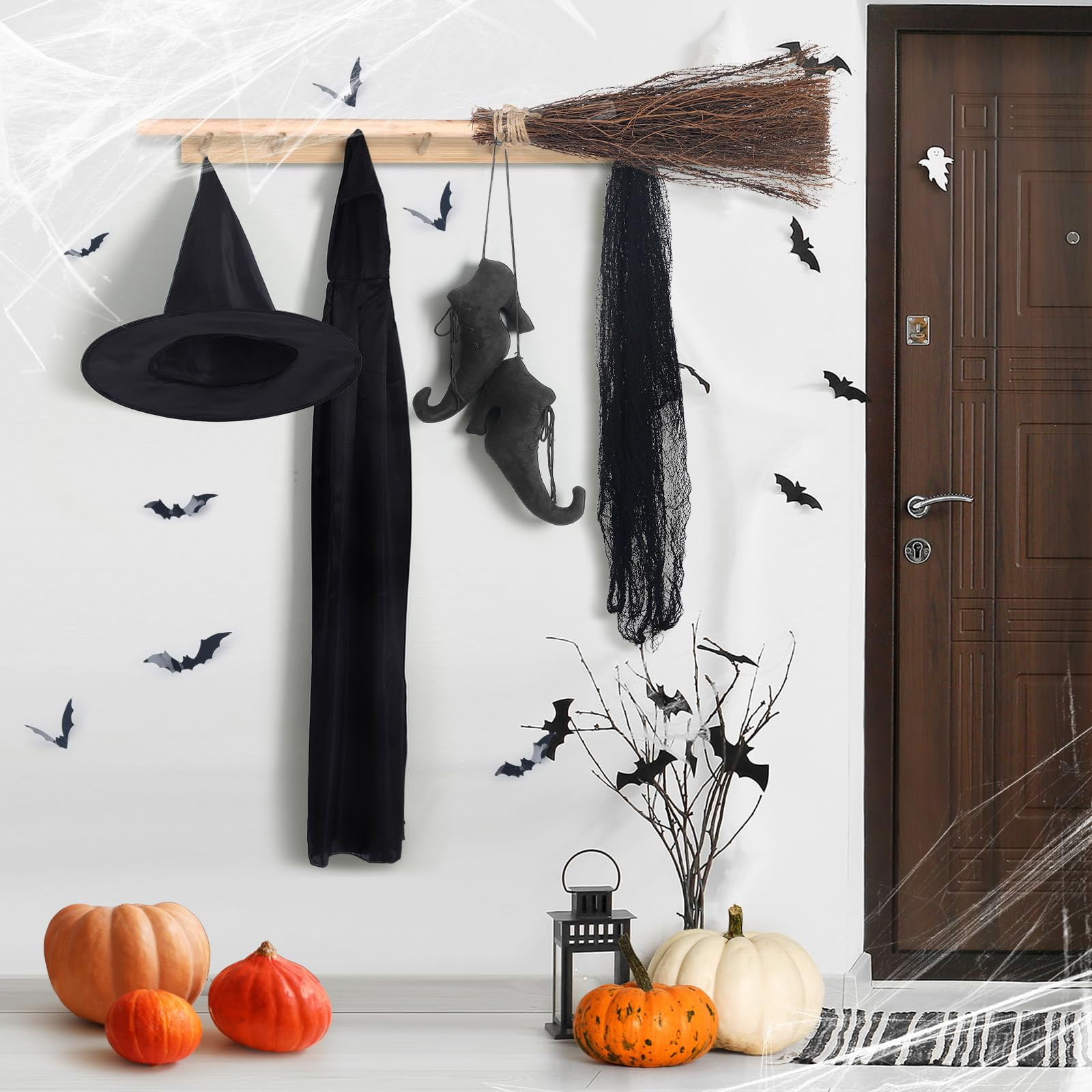18 Pcs Halloween Decorations Set Wooden Witch Broom and Hook Cloak Hat Shoes Bat Stickers Witch C... | Amazon (US)