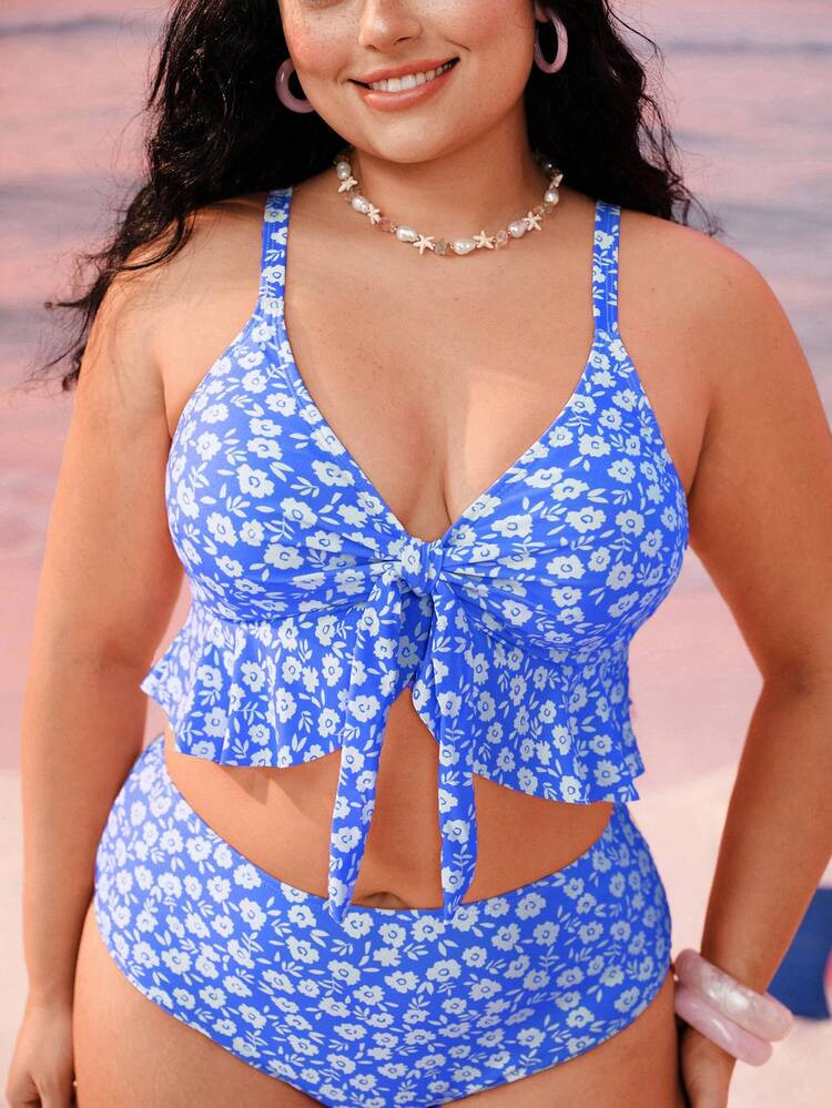 Swim Mod Plus Size Women 2pcs/Set Random Print Thick Strap Sexy Beach Holiday Bikini Swimwear | SHEIN
