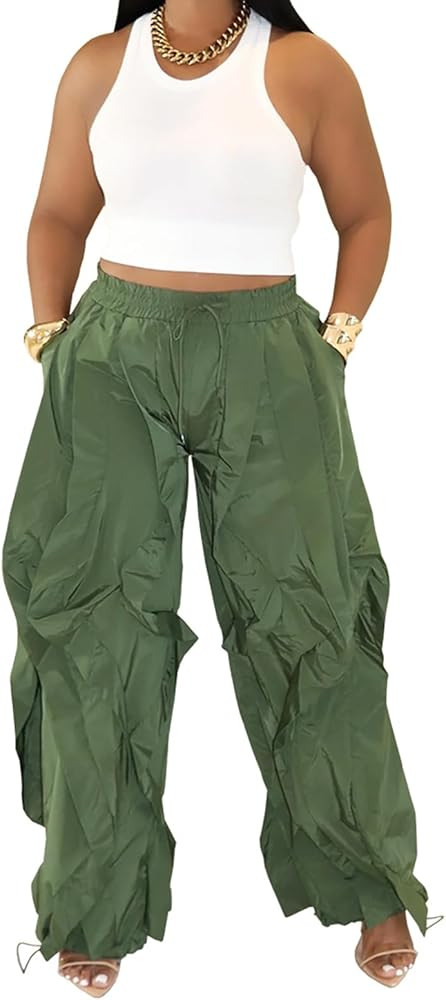 WOKANSE Cargo Pants Women Wide Leg High Waisted Pull On Loose Ruffle Drawstring Long Pants | Amazon (US)
