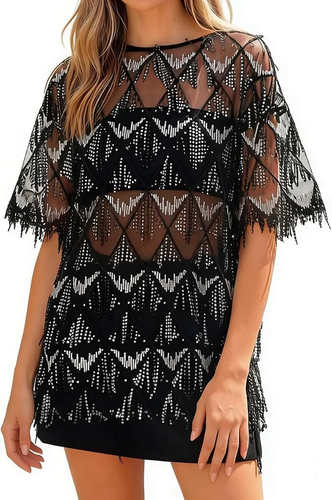Womens Sequin Fringe Short Sleeve Mesh Top Sheer See Through Loose Cover Up | Sparkly Glitter T-S... | Amazon (US)