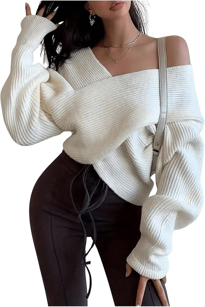 Verdusa Women's Criss Cross Wrap Sweater V Neck Long Sleeve Drop Shoulder Fall Knit Tops | Amazon (US)