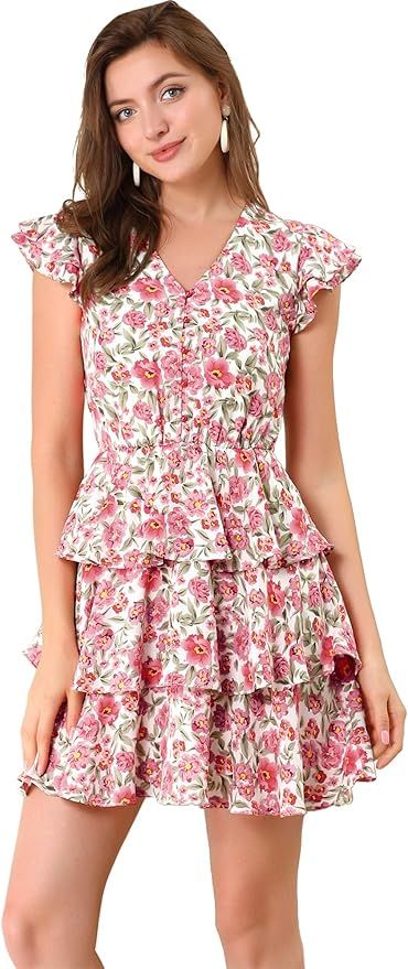 Allegra K Women's V Neck Button Front Layered Cap Sleeve Ruffle Summer Floral Mini Dress | Amazon (US)