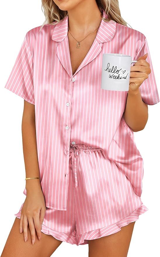 Ekouaer Womens Satin Pajamas Set Button Down 2 Piece Silk Pjs Shorts Set Ruffle Lingerie Notch Co... | Amazon (US)