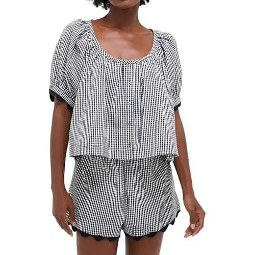 KCVVA Women's Gingham Set 2 Piece Casual Elegance Round Neck Puff Short Sleeve Summer Scalloped Hem Matching Outfit | Amazon (US)