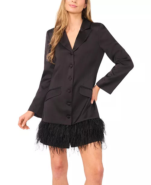 CeCe Women's Feather Trim Satin Blazer Dress - Macy's | Macy's