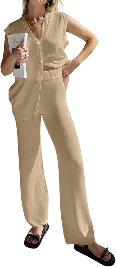 Tankaneo Womens Knit 2 Piece Outfits Sets Sleeveless Button Down Vest Tops Wide Leg Pants Lounge ... | Amazon (US)