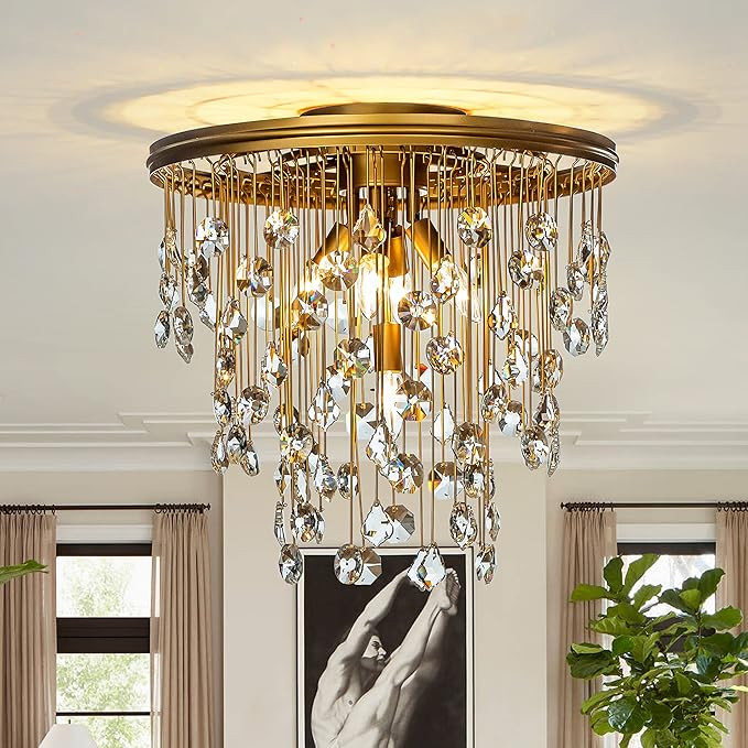 ALOADECOR 5-Light 20'' Modern Antique Gold Close to Ceiling Light with Rain Drop Crystal Shade Fr... | Amazon (US)
