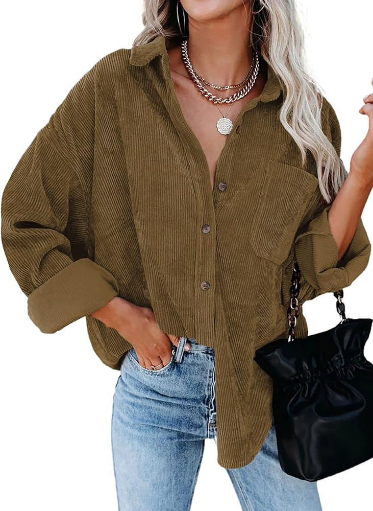 Dokotoo Womens Corduroy Button Down Shirts Boyfriend Long Sleeve Oversized Blouses Tops | Amazon (US)