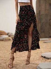 SHEIN Holidaya Gonna Con Stampa Floreale Ditsy, Orlo Asimmetrico Con Volant, Vita Alta, Taglio Lungo Con Spacco Laterale, Stile Boho, Adatta Per Uso Casual, Quotidiano, Vacanze, Spiaggia, Primavera/Estate | SHEIN