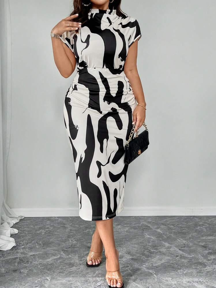 Elenzga Fall Plus Size Women High Collar Tight Stretch Black & White Floral Print Waist Ruched Bo... | SHEIN