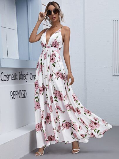 SHEIN Plunging Neck Crisscross Backless Floral Maxi Dress | SHEIN