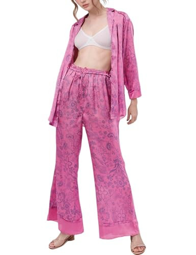 Arssm Satin Pajama Set for Women Silk Pajamas Set 2 Piece Floral Pj Set Long Sleeve Button Down Pjs Sleepwear(Rosered-M) | Amazon (US)