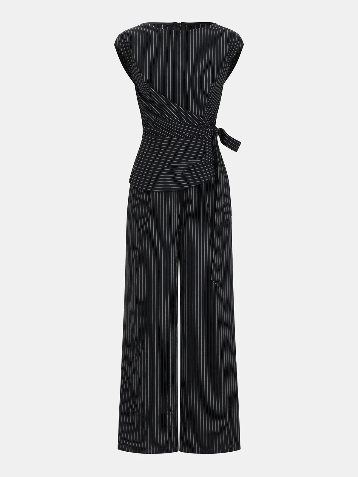 Striped Tie Waist Wide Leg Jumpsuit | Commense