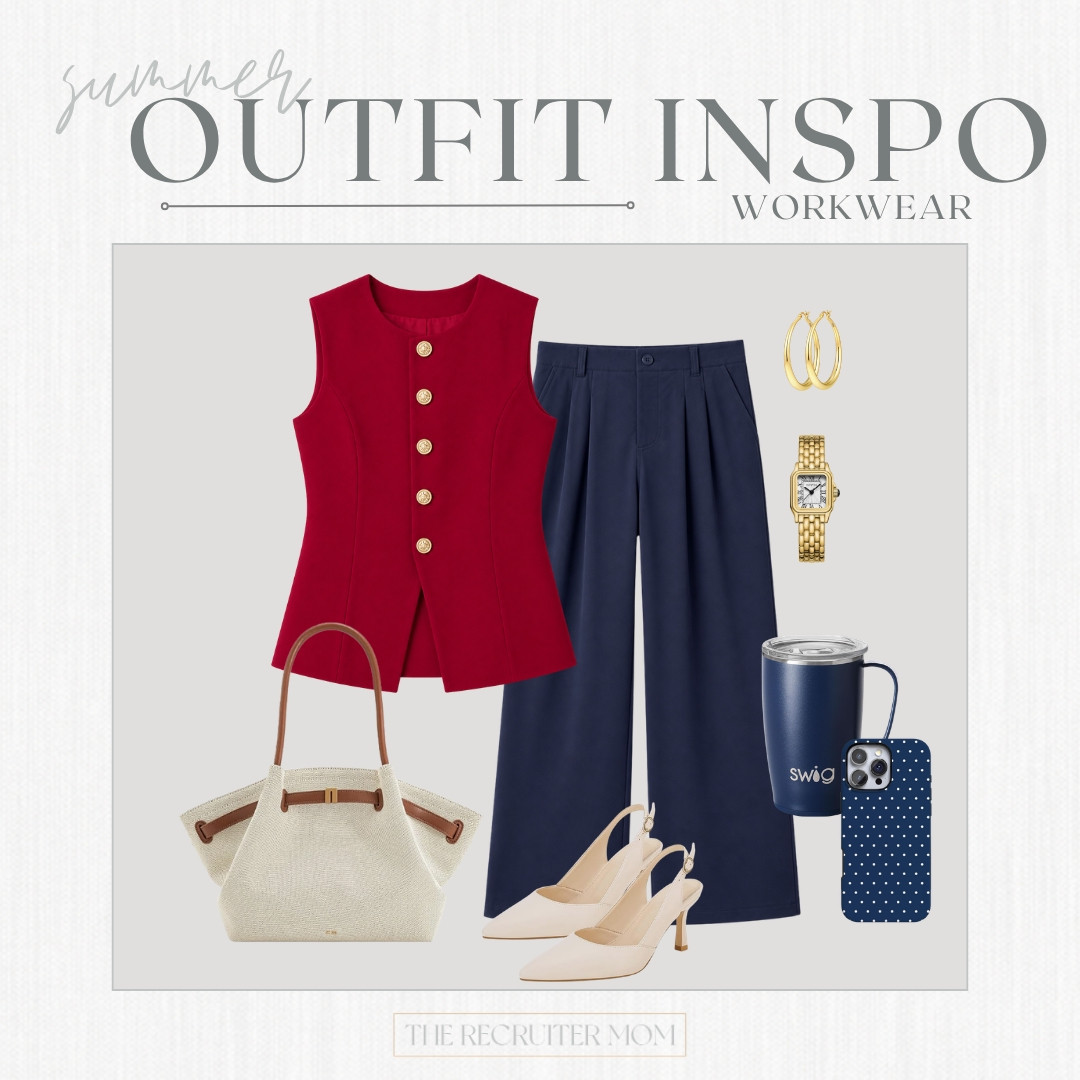 Bold summer workwear with a red sleeveless top, navy trousers, and polished neutral accessories ❤️ 

 #LTKstyle

#LTKWorkwear #LTKSeasonal #LTKMidsize #LTKWorkwear