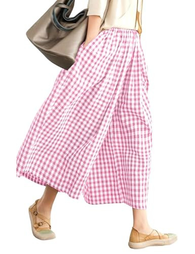 LOMON Womens Wide Leg Capri Pants Cotton Gingham Plaid Culottes Summer Elastic Waist Palazzo Trousers Bottoms with Pockets (Pink White Plaid, M) | Amazon (US)