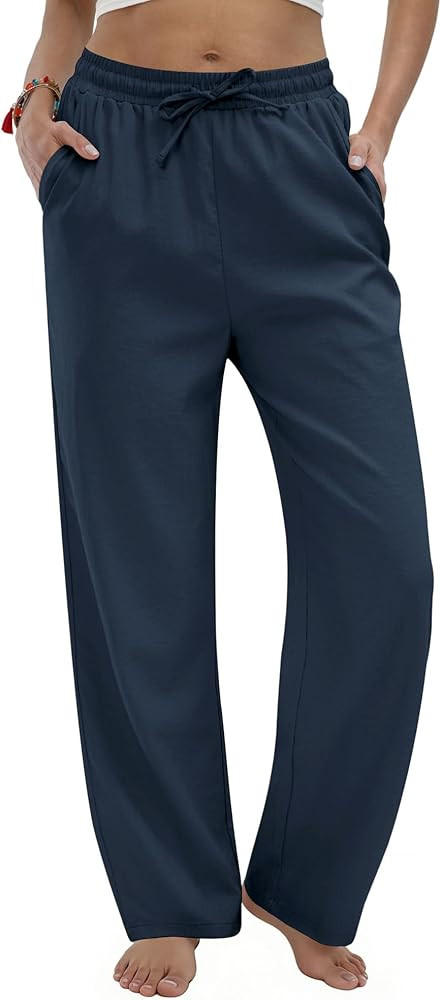 Women's Linen Casual Pants High Waist Drawstring Lounge Pant Summer Boho Straight Trousers with P... | Amazon (US)