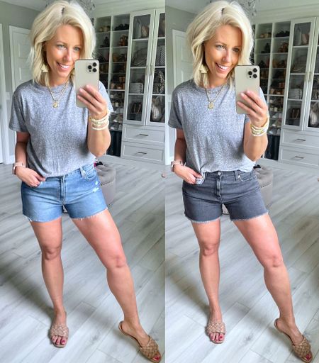 Levi denim shorts @walmart and only $21.98!!!! They have the perfect amount of stretch making them super comfy!! Also, just found my new basic grey tee and it’s only $12!!! 
⬇️⬇️⬇️
Shorts TTS size 4
Tee sized up to medium for roomier fit

#LTKunder100 #LTKstyletip #LTKunder50