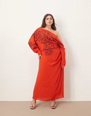 ARRANGE Curve linear embroidered floral slouchy shoulder drape midi dress in red | ASOS (Global)