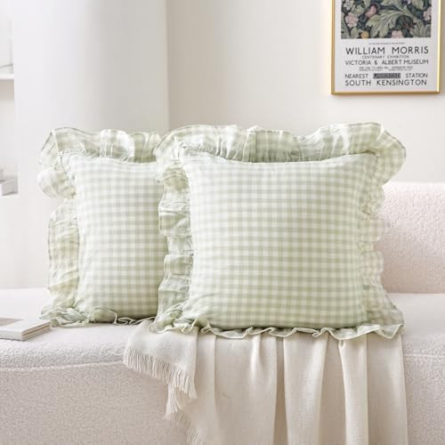 K MASANIJI 2 Pack Pile Green White Plaid Ruffle Gingham Throw Pillow Covers 18x18 inches, 100% Cotton Checkered Farmhouse Decorative Pillow Shams for Bed/Sofa (18x18 inches, Pile Green/White Plaid) | Amazon (US)