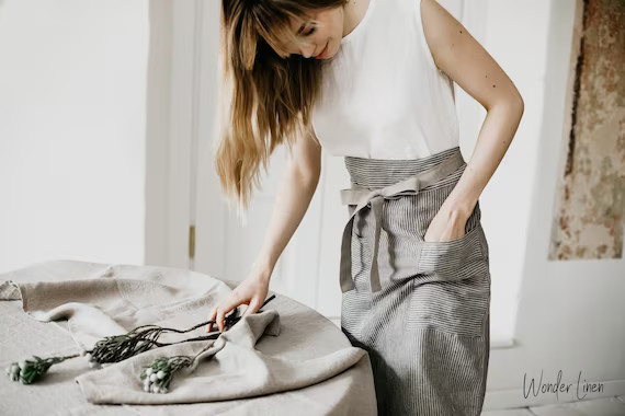 Linen Apron for Women. Natural Gray Stripes Linen Half Apron | Etsy Canada | Etsy (CAD)
