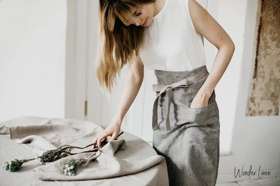 Linen apron for women. Natural gray stripes linen half apron with pockets. Striped unisex soft li... | Etsy (CAD)