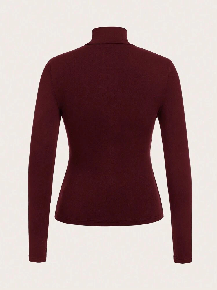 SHEIN BASICS Women's Casual Solid Color Knitted Slim Fit Regular Stand Collar Long Sleeve T-Shirt | SHEIN