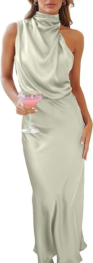 Womens Summer Satin Dress Elegant Formal Dress Sleeveless Ruched Long Dress for Ladies Cocktail P... | Amazon (US)