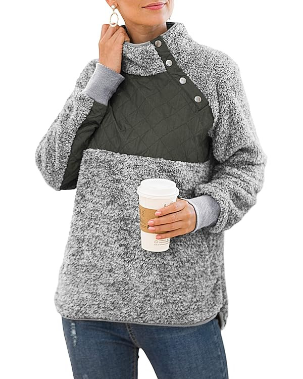 VIISHOW Women's Long Sleeves Quilt Coat Turtleneck Oblique Button Neck Fleece Pullover Coat Sweat... | Amazon (US)